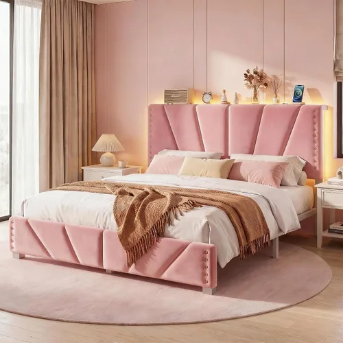 Miniatura 20 de EnHomee Base de cama de plataforma individual con cabecera ajustable tapizada de terciopelo, luces LED y estación de carga para dormitorio, Beige