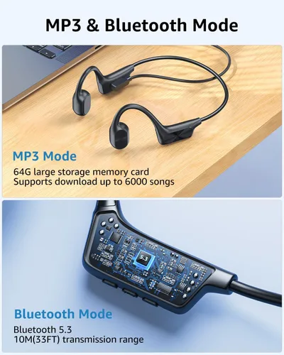 Miniatura 4 de ANOUV Auriculares inalámbricos de conducción ósea incorporados de 64 GB MP3, IPX8, impermeables, para natación, con micrófono, Bluetooth 5.3