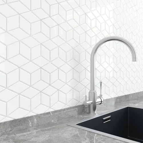 Livelynine 16 azulejos geométricos para despegar y pegar en muro para cocina, color blanco, azulejos de pared de baño, impermeables, para paredes de