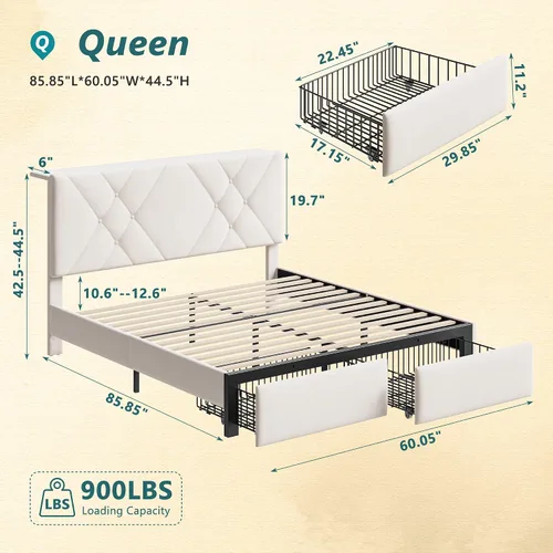 Miniatura 2 de EnHomee Marco de Cama Queen con 2 Cajones, Cabecera Tapizada con Estación de Carga, Marco de Cama de Terciopelo Acolchado y Luces LED, No Necesita