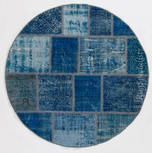 Miniatura 5 de Round Handmade Vintage Turkish Patchwork Rug, Circular Modern Re-Dyed Patchwork Carpet. D391