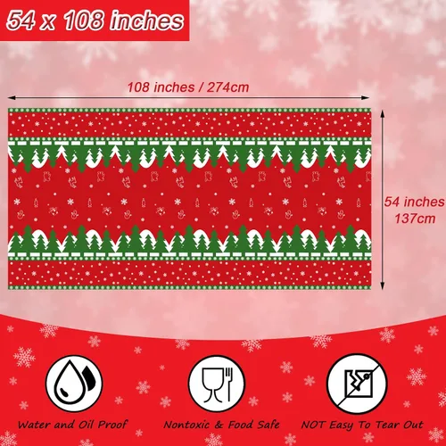 Miniatura 7 de Mantel de Navidad desechable, mantel de plástico para Navidad, color rojo, verde, blanco, mantel de árbol de renos y copos de nieve para decoración