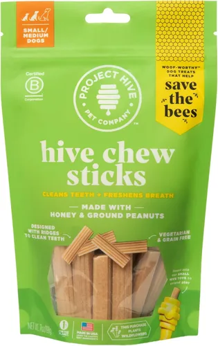 Hive - Palitos masticables – Golosinas dentales para perros – Vegetarianas, hechas con cacahuetes molidos y miel, sin grano ni soja, limpia los