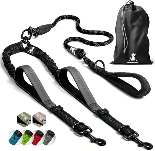 Miniatura 22 de Correa doble premium para dos perros, absorción de golpes, antitirón, doble correa para razas medianas y grandes con accesorio de correa doble