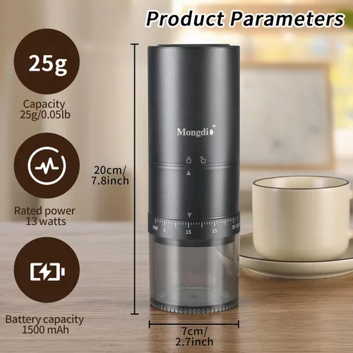 Miniatura 6 de Mongdio Molinillo de café eléctrico portátil con 38 ajustes ajustables, molinillo de café eléctrico con núcleo de acero inoxidable, para viajes