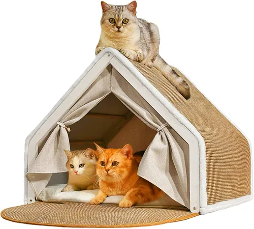 Casas para gatos de interior – Cama para gatos de 4 estaciones con sisal natural rascador para gatos, marco de madera maciza con cortinas y alfombra