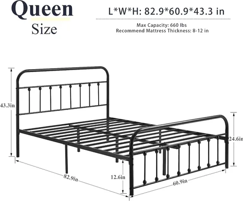 Miniatura 2 de VECELO Base de cama, plataforma de metal tamaño Queen con cabecero y estribo, base de colchón de soporte de listones de acero de alta calidad,