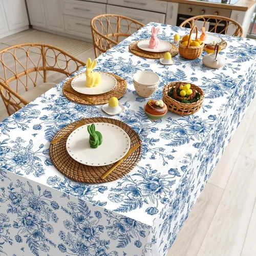 Miniatura 4 de Tiamon 1 mantel de plástico floral azul de 54 x 108 pulgadas, mantel rectangular vintage desechable con flores azules azul marino y blanco