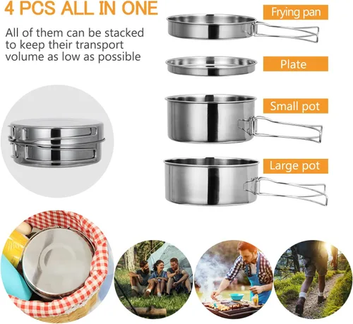 Miniatura 7 de Lixada Juego de utensilios de cocina para camping, 4 piezas de acero inoxidable portátil, juego de ollas y sartenes apilables para acampar,