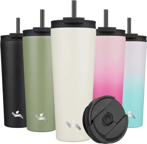 Miniatura 47 de Konokyo Vaso aislado de 18 onzas con tapa y 2 pajillas, botella de agua de acero inoxidable, taza de viaje al vacío, taza de café, color blanco ángel