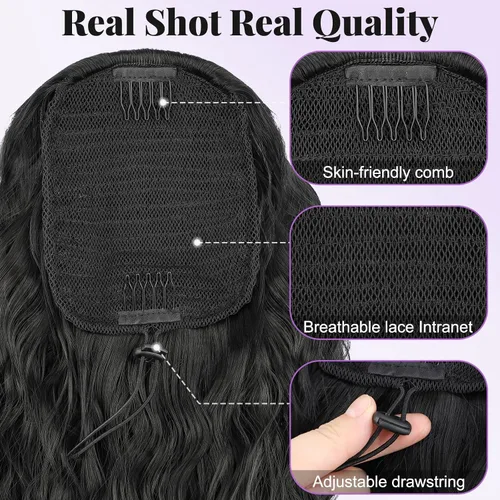 Miniatura 3 de Extensión de cola de caballo con cordón, extensión de cola de caballo larga y rizada para mujeres negras, extensiones de cabello negro de 26