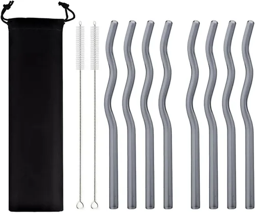 Miniatura 13 de JASHII Pajitas de vidrio onduladas incoloras, 8 pajitas de vidrio reutilizables de 7.87 x 0.31 pulgadas con bolsa negra, multicolor para beber