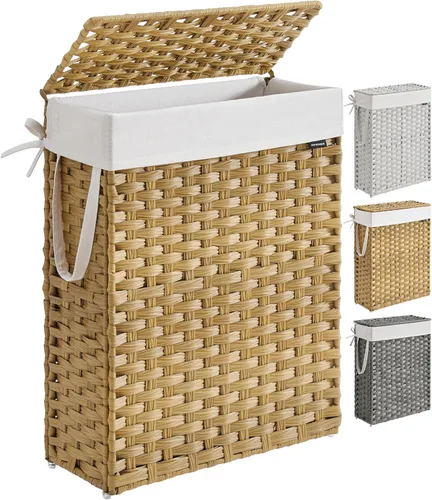 Miniatura 16 de SONGMICS Canasta de lavandería con tapa, cesto de ropa de 23.8 galones (90 L) de ratán sintético con tapa y asas, plegable, forro extraíble