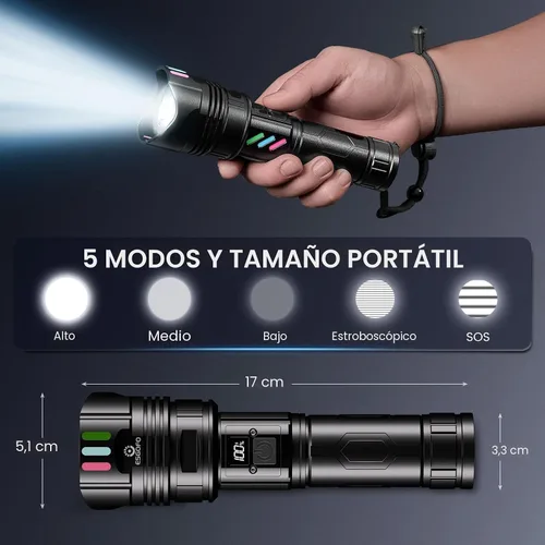 Miniatura 7 de Esgofo Linterna Súper Brillante 10000 Lúmenes Altos Recargable, Potentes Luces LED Flash de Larga Distancia 3280ft, Larga Duración 10H Función