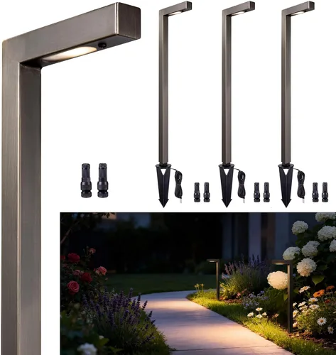 Miniatura 19 de Gardenreet Luces de camino de paisaje de latón, luces de camino de bajo voltaje de 12 V con cable, luces de jardín al aire libre LED impermeables
