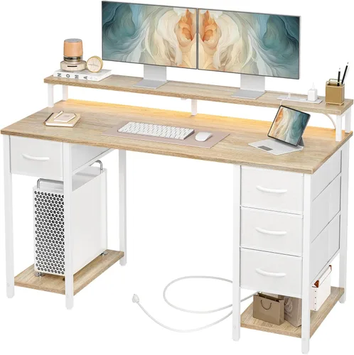 Miniatura 11 de TIQLAB Computer Desk with 4 Drawers & LED Lights, 47 Inch Gaming Desk with Monitor Stand & Power Outlets, Home Office Desk with Large Storage Space