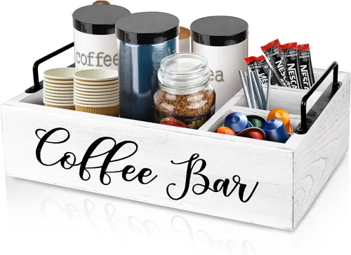 MINCORD Organizador de estación de café, soporte de madera para barra de café, accesorios para encimera, cesta de almacenamiento de cápsulas Kcup