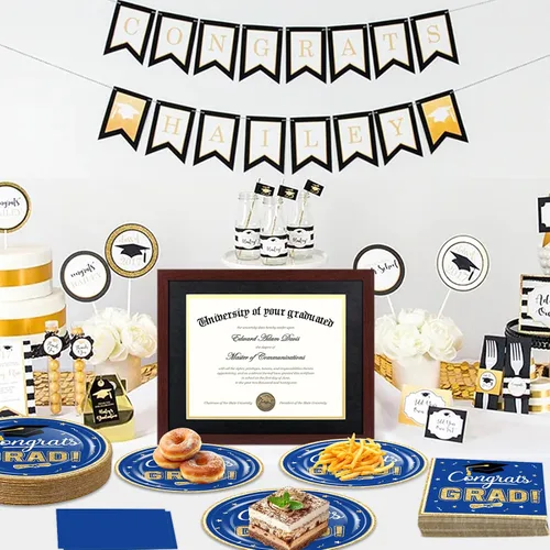 Miniatura 5 de Juego de vajilla de suministros para fiesta de graduación 2026, 100 platos y servilletas de graduación de oro azul para clase de 2026, vajilla