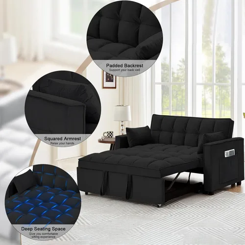 Miniatura 5 de Sofá cama convertible de terciopelo de 55 pulgadas, sofá futón 3 en 1 con cama extraíble, sofá biplaza moderno con respaldo ajustable, 2 almohadas