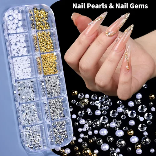 Miniatura 5 de Teenitor Juego de polvos de uñas cromados con dijes de uñas, polvo cromado plateado para uñas, polvo cromado de perlas de neón, gemas y perlas