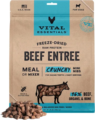 Vital Essentials Comida para Perros Liofilizada Cruda, Trozos de Ternera Crujientes Mini | Comida Completa o Mezclador | Comida para Perros Alta en