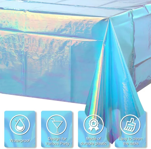 Miniatura 3 de Paquete de 3 manteles de plástico azul iridiscente, cubiertas de mesa rectangulares desechables láser azul brillante, mantel de lámina holográfica