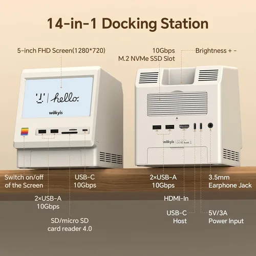 Miniatura 3 de Estación de acoplamiento Wokyis M5 Retro para Mac mini M4, pantalla HD de 5 pulgadas, carcasa SSD M.2 NVMe de 10 Gbps, lector SD/Micro SD 4.0