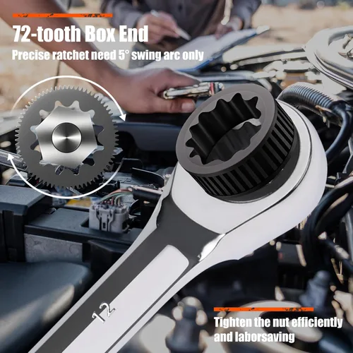 Miniatura 5 de Egofine Llave combinada de trinquete de 1-1/8 pulgadas SAE, llave de engranajes de grado industrial con diseño de 12 puntos, trinquete de 72