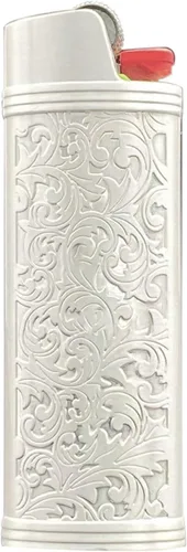 Funda para encendedor Lucklybestseller de metal con estampado floral vintage para encendedor BIC de tamaño completo J6 (Oro Blanco)