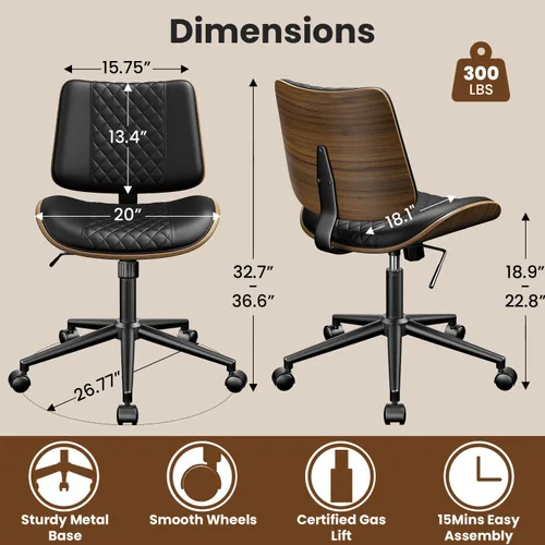 Miniatura 2 de YaFiti Silla de oficina sin brazos, silla de escritorio moderna de mediados de siglo con respaldo de madera de nogal y elevación de gas SGS nivel 3