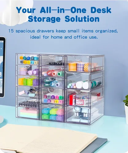 Miniatura 3 de VZKAH Organizador de acrílico transparente con cajones Unidad de escritorio de 15 cajones Organizador de maquillaje y escritorio y caja