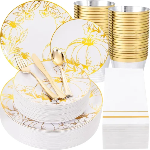 Miniatura 10 de Liacere 175 piezas de platos desechables de plástico navideños rojos y blancos - Incluye 25 platos de postre, 25 platos para cena, 25 cuchillos, 25