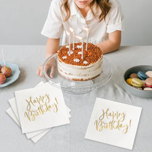 Miniatura 2 de MORGIANA Happy Birthday Napkins, Luxury White Gold Birthday Dinner Napkins, Disposable Cocktail Napkins White, Linen Feel Birthday Party Napkin for