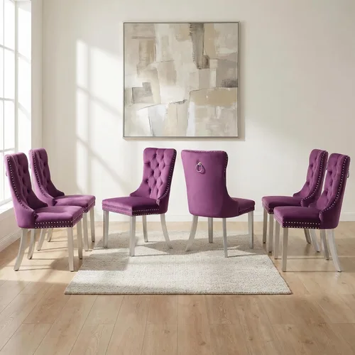 Miniatura 109 de OVENTA Juego de 4 sillas de comedor modernas tapizadas copetudas, terciopelo negro y gris y cuero con patas de madera maciza, sillas de cocina
