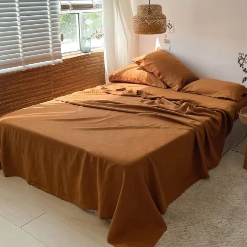 Miniatura 2 de Simple&Opulence - Juego de sábanas de 100 % lino, tamaño King, lino francés lavado, 4 piezas, transpirables; ropa de cama que incluye 1 sábana Óxido