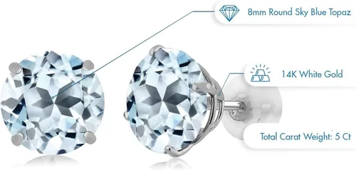 Miniatura 4 de Gem Stone King Solid 14K White Gold 8MM Round Gemstone Birthstone Stud Earrings Gold Earrings with Comfort Back For Women