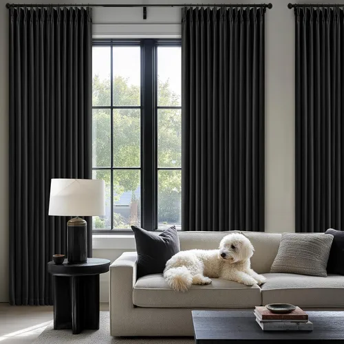Miniatura 7 de Juego de 2 paneles de cortinas plisadas negras de 80 pulgadas para sala de estar, cortinas plisadas de lino con forro de 80 pulgadas de largo, 100%
