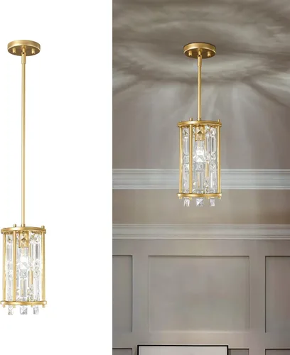 Miniatura 14 de LMQNINE Candelabro Moderno para Vestíbulo, Candelabro de Cristal Dorado Lámpara Colgante de Entrada, Candelabros Redondos de Altura Ajustable