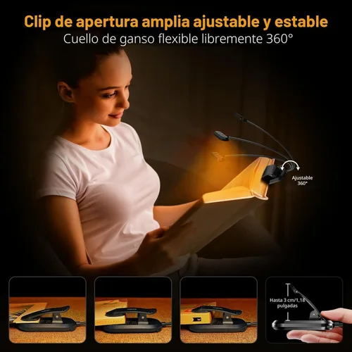 Miniatura 5 de Gritin Luz de libro recargable para leer en la cama con 19 LED y función de memoria, cuidado de los ojos, 3 temperaturas de color, 5 niveles de Negro
