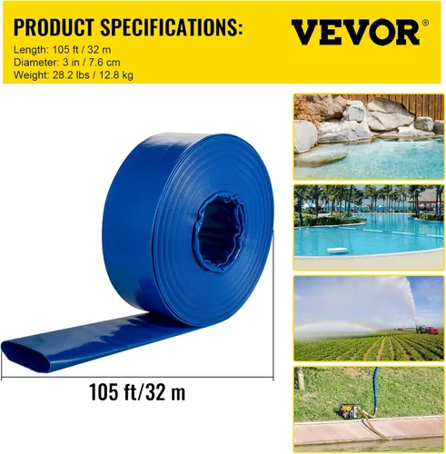 Miniatura 7 de Manguera de Descarga VEVOR, 3" x 105', Manguera de PVC Plana, Manguera de Retrolavado y Drenaje Resistente con Abrazaderas, Resistente a