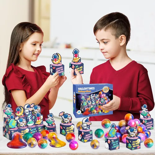 Miniatura 7 de SURCVIO Paquete de 28 regalos para el día de San Valentín para niños, limo de galaxia con caja de tarjetas de felicitación, juguete para aliviar