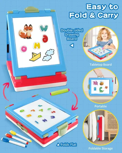 Miniatura 4 de Elovien Caballete para niños, caballete de arte de doble cara 4 en 1 con pizarra y pizarra blanca magnética, caballete de mesa plegable para niños