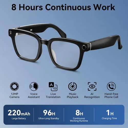 Miniatura 8 de Lentes inteligentes AI con cámara, gafas de grabación de video 1080P, gafas de cámara de 8 MP, traducción en tiempo real, asistente de voz AI