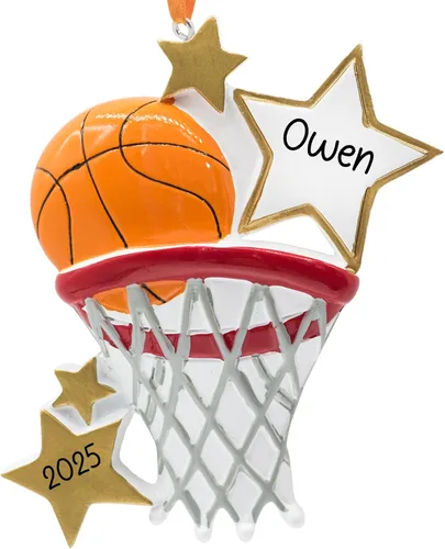 Adorno de Navidad personalizado de baloncesto 2026 | Bola B con estrellas doradas y aro de canasta para árbol de Navidad | Recuerdo único