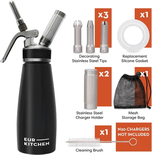 Miniatura 3 de EurKitchen Dispensador profesional de crema batida de acero inoxidable, recipiente para cremas batidas sin fugas, 3 boquillas decorativas y cepillo