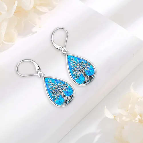 Miniatura 287 de Aretes colgantes de plata de ley con diseño de árbol de la vida, flor, abeja, animales, gato, colibrí, piedra lunar, turquesa, aretes con cierre