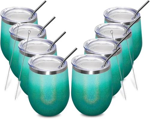 Miniatura 35 de MEWAY Vaso de vino sin tallo de 12 onzas con tapa, vaso de viaje de acero inoxidable con aislamiento de doble pared al vacío con popote, para Negro