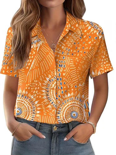 Miniatura 26 de Zeagoo Blusa de manga corta con botones para mujer, con bolsillo en el busto, para negocios, casual, para el trabajo, trajes de verano