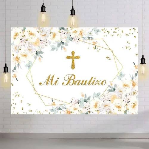 Miniatura 5 de AIBIIN Telón de fondo Mi Bautizo de 7 x 5 pies para niña, diseño floral amarillo y blanco, para fotografía de bautismo, puntos dorados