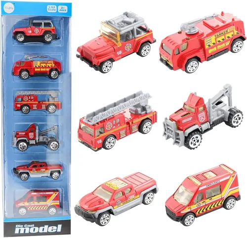 Miniatura 9 de BenRich Juego de 6 mini coches de aleación de metal fundido a presión a escala 1/64, escalera, torre de agua, ambulancia, coche de patrulla